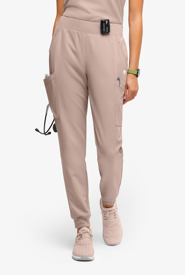 ReSurge Amber Women's Modern 7-Pocket Flat Front Slim Leg Jogger Scrub Pants - Petite - Mocha Meringue - 1