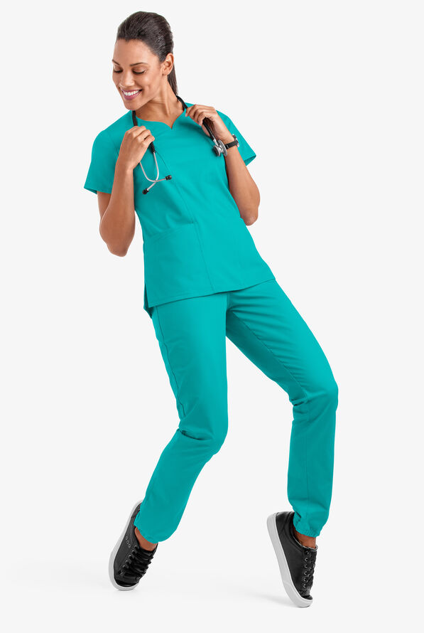 Butter-Soft STRETCH Women's 4-Pocket Sweetheart Neck Scrub Top - Bright Teal - 3