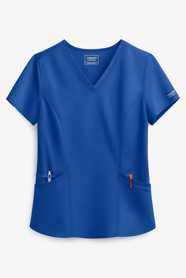 Cherokee Workwear Revolution Women's 2-Pocket STRETCH Short V-Neck Scrub Top - Petite - Royal - 1