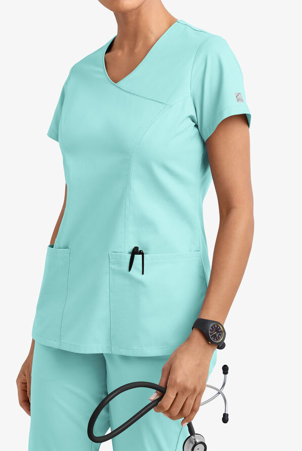Blusa m&eacute;dica UA Butter-Soft STRETCH estilo cruzado con cuello en V y 3 bolsillos para mujer - Aqua Moon - 2