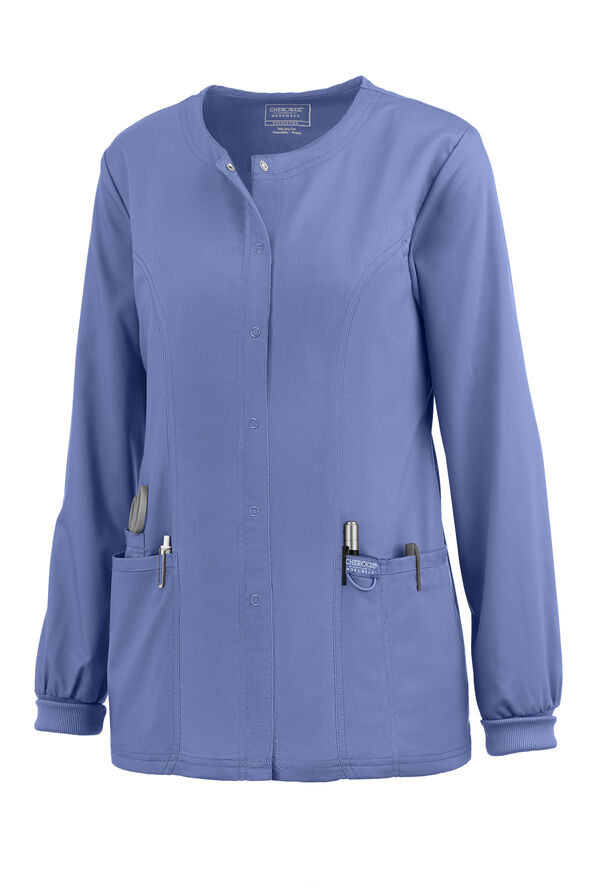 Cherokee Workwear Revolution Women's 3-Pocket STRETCH Snap Front Scrub Jacket - Ceil Blue - 1