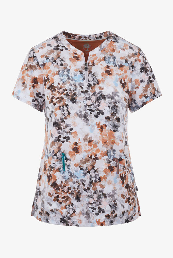 Healing Hands Water Colors Women's 3-pocket STRETCH Mandarin Collar Print Scrub Top - null - 1