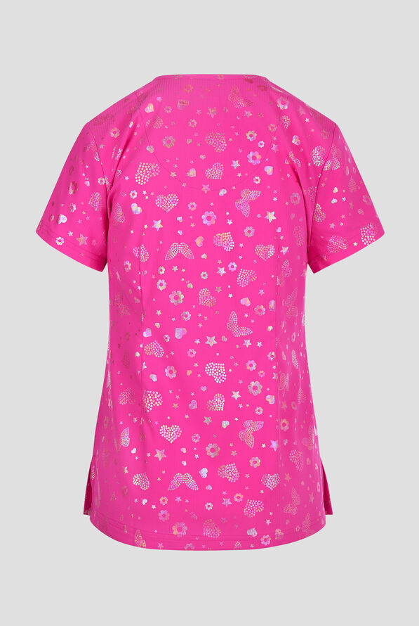 Blusa médica estampada koi Lite Iridescent Light Bright Hibiscus Pink  STRETCH con cuello en V y 2 bolsillos para mujer - null - 2