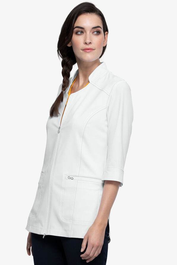 Infinity Women's 3-Pocket Double Zip Rib Knit Back Scrub Lab Coat - White - 4