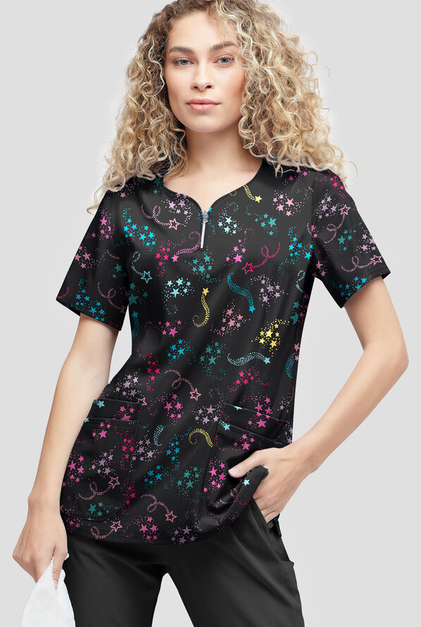 Tafford Active STRETCH Shooting Stars Onyx Women's 4-Pocket Zip Curved Neck Print Scrub Top - null - 2