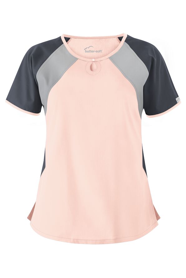 Blusa m&eacute;dica Butter-Soft Core estilo bloques de color con cuello ojo de cerradura y 2 bolsillos para mujer - Lotus/Pewter/Silver - 1