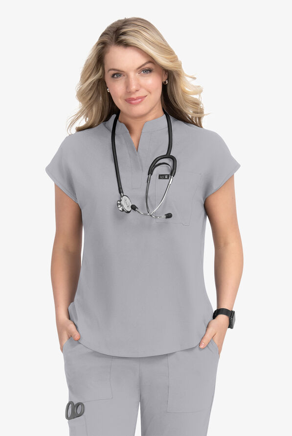 koi Basics Ari Women's 1-Pocket STRETCH Dolman Sleeve Mandarin Collar Scrub Top - Platinum Grey - 2