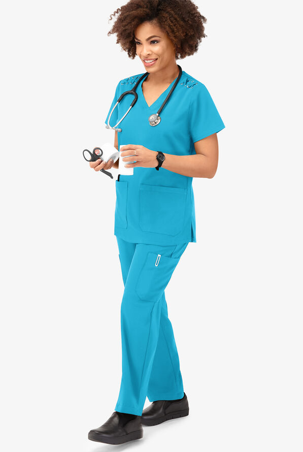 Blusa m&eacute;dica Easy STRETCH Leila con ojales con lazos y 3 bolsillos para mujer - Turquoise - 6