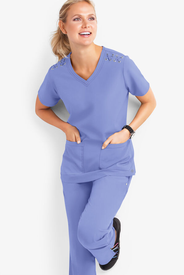 Blusa médica Easy STRETCH Leila con ojales y lazos para mujer - Ceil Blue - 2