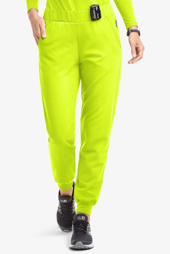 MOVEMENT by Butter-Soft Vega Women's 5-Pocket Flat Front Jogger STRETCH Scrub Pants - Petite - Intense Lime - 1