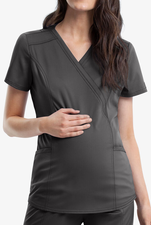 Cherokee Workwear Revolution Women's 2-Pocket STRETCH Maternity Mock Wrap Scrub Top - Pewter - 1