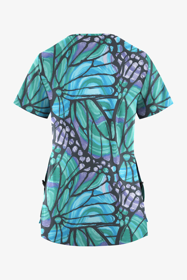 Easy STRETCH Pewter Butterflies Women's 3-Pocket High Low V-Neck Print Scrub Top - null - 2