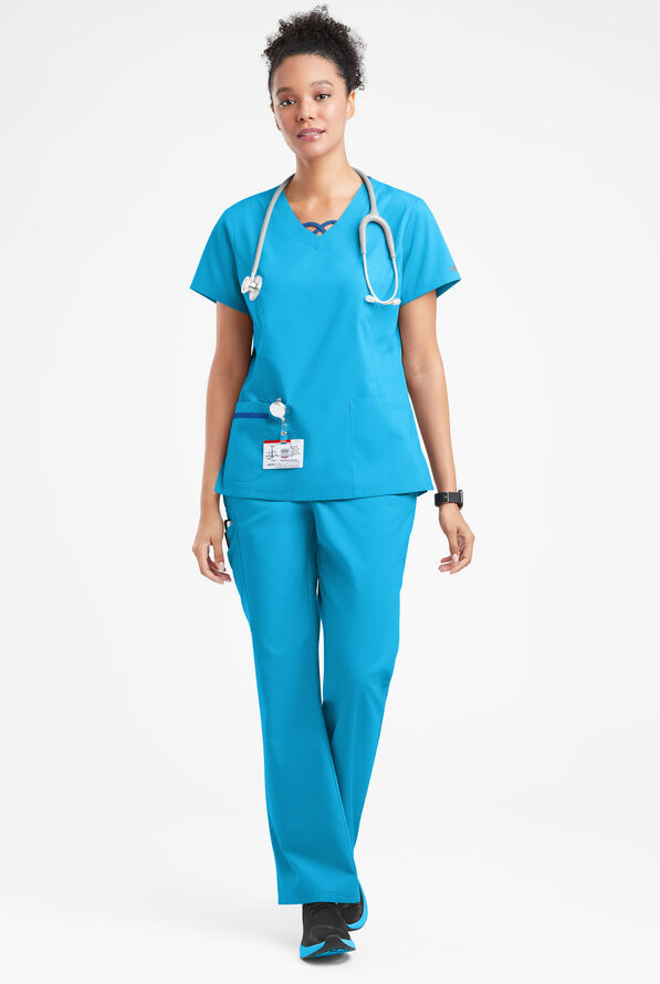 Blusa m&eacute;dica Butter-Soft Originals con cuello entrecruzado en contraste y 3 bolsillos para mujer - Turquoise/Royal - 4