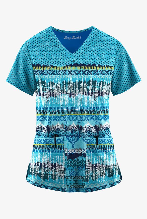 Easy STRETCH Woodblock Paisley Turquoise Women's 2-Pocket V-Neck Print Scrub Top - null - 1