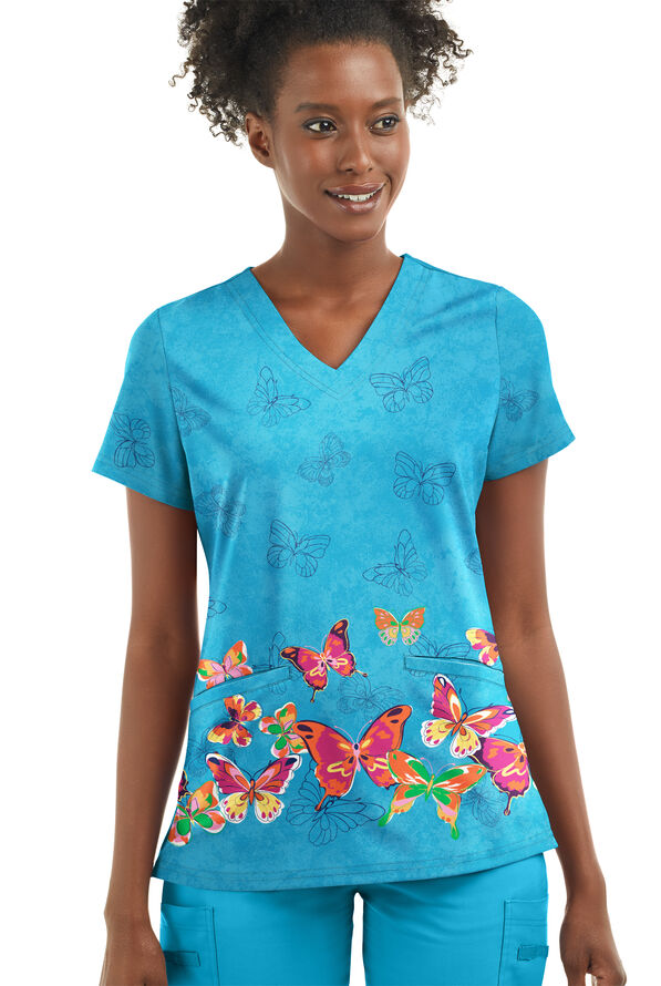 UA Happy Scrubs STRETCH Butterfly Border Turquoise Women's 2-Pocket V-Neck Print Scrub Top - null - 1