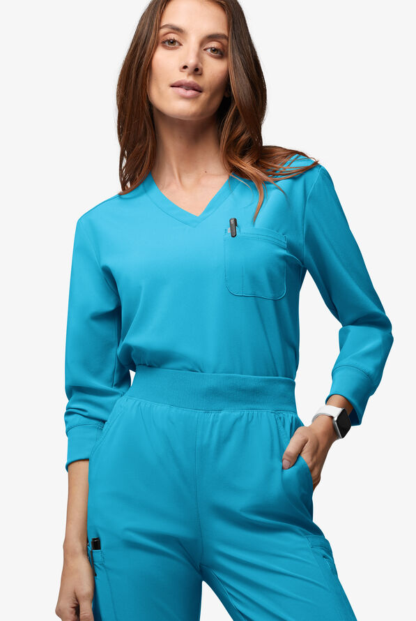Easy STRETCH Women's Josie 2-Pocket Relaxed 3/4" Sleeve Scrub Top - Turquoise - 2