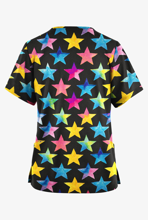 Butter-Soft Originals Black Rainbow Stars Women's 2-Pocket V-Neck Print Scrub Top - null - 2