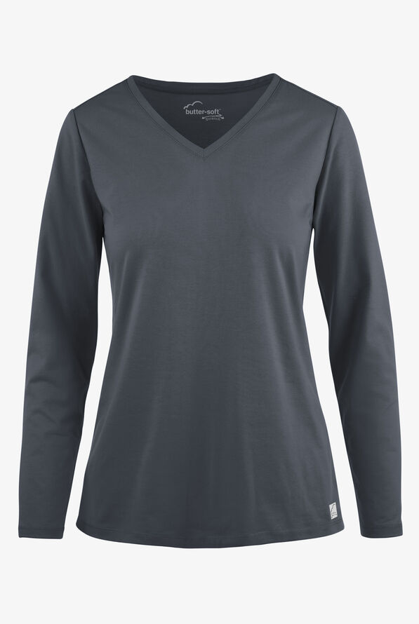Butter-Soft STRETCH Women&rsquo;s Cotton-Rich V-Neck Knit Underscrub - Pewter - 1