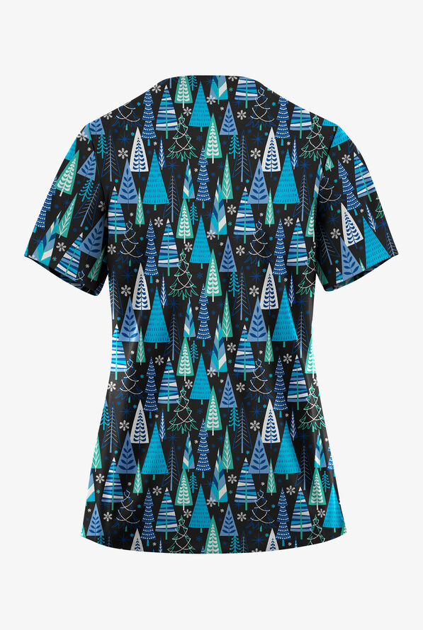 Butter-soft STRETCH Wintertime Turquoise Women's 2-Pockets V-Neck Print Scrub Top - null - 2