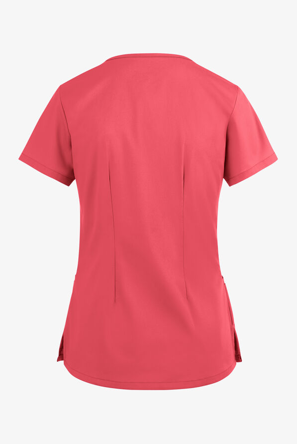 Butter-Soft STRETCH Women's 4-Pocket Curved Neck Zipper Scrub Top - Coral Spice - 4
