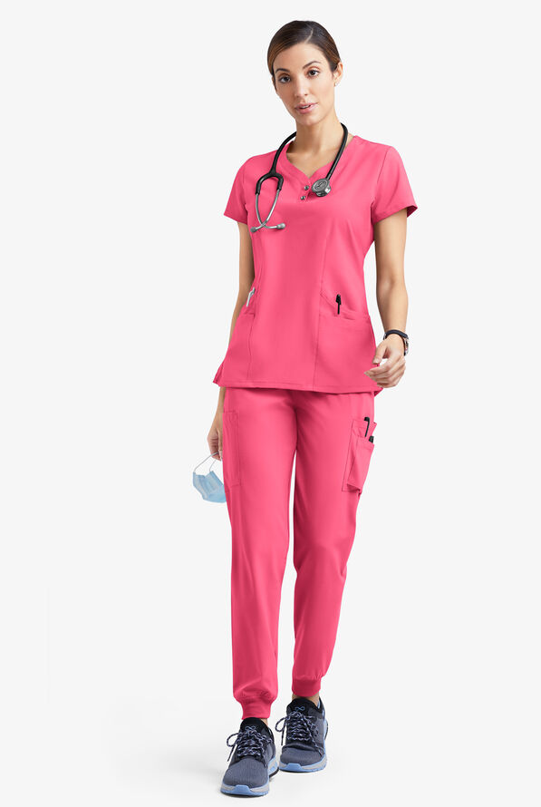 Easy STRETCH Demi Women's 4-Pocket Henley Scrub Top - Strawberry Fizz - 2
