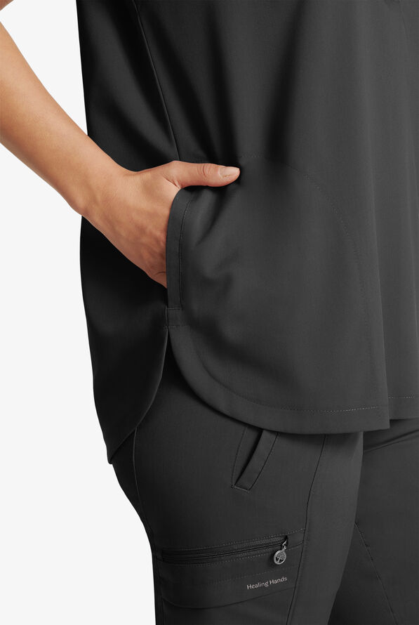 Healing Hands Purple Label Journey Women's 2-Pocket STRETCH Dolman Sleeve Mandarin Collar Scrub Top - Black - 4