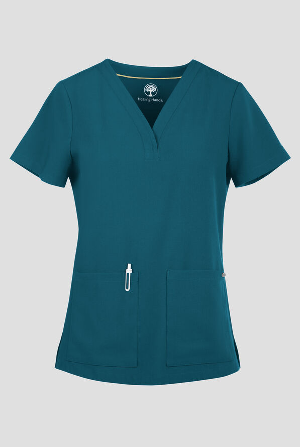 Healing Hands Quest Briana Women's 3-Pocket STRETCH Y-Neck Scrub Top - Caribbean Blue - 1