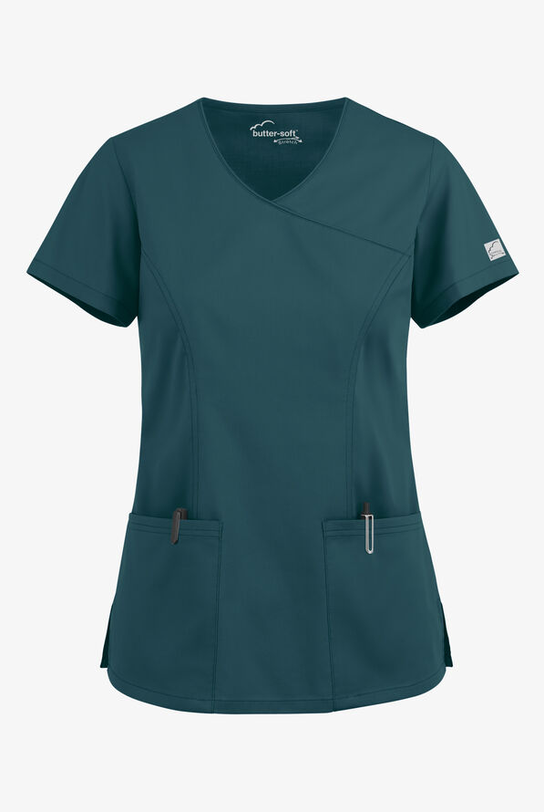 Butter-Soft STRETCH Women's 3-Pocket V-Neck Mock Wrap Scrub Top - Caribbean Blue - 1