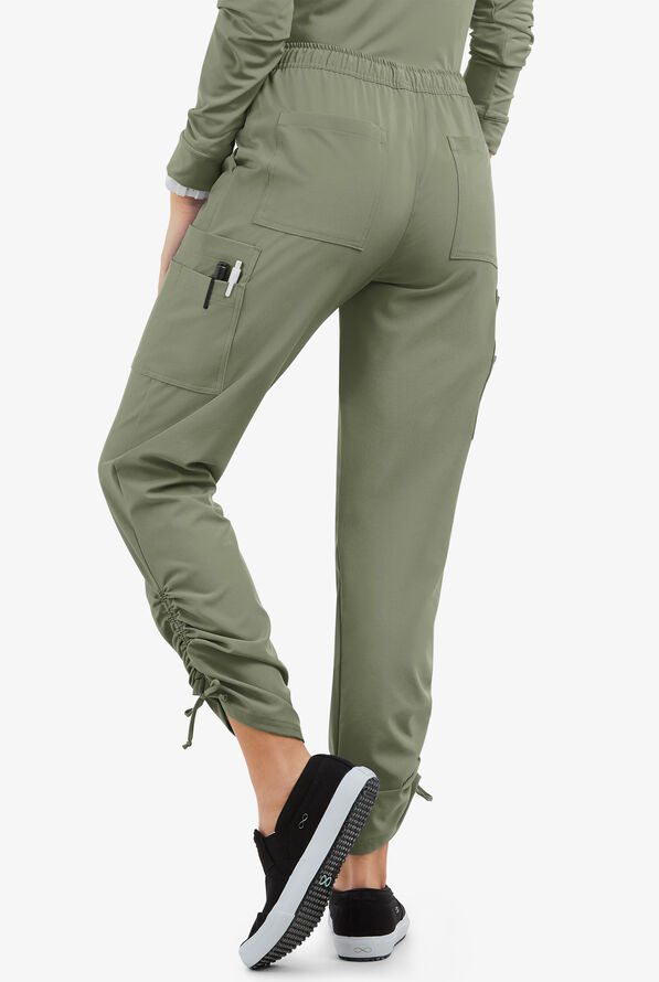 Easy STRETCH Halle Women's 11-Pocket Ruched Leg Jogger Scrub Pants - Petite - Olive Leaf - 4