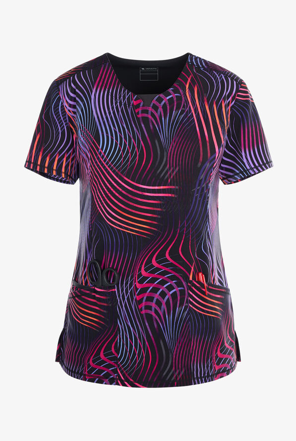 Infinity Women's Digital Wavelength 2-Pocket STRETCH Y-Neck Print Scrub Top - null - 1