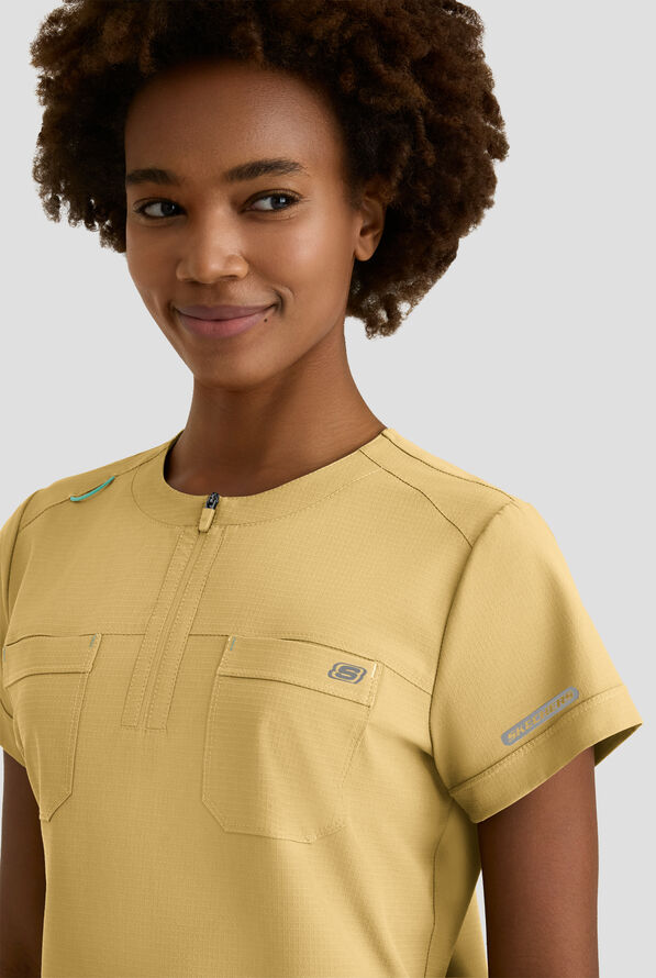 Skechers by Barco Ripstop Trek Women's 2-Pocket STRETCH Rounded Zip Neck Tuck In Scrub Top - Soft Citrine - 5