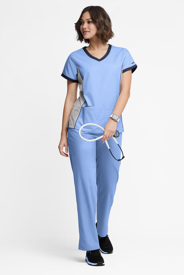 Blusa m&eacute;dica Butter-Soft Originals Tri-Colorblock con cuello en V y 4 bolsillos para mujer - Ceil/Silver/Navy - 4