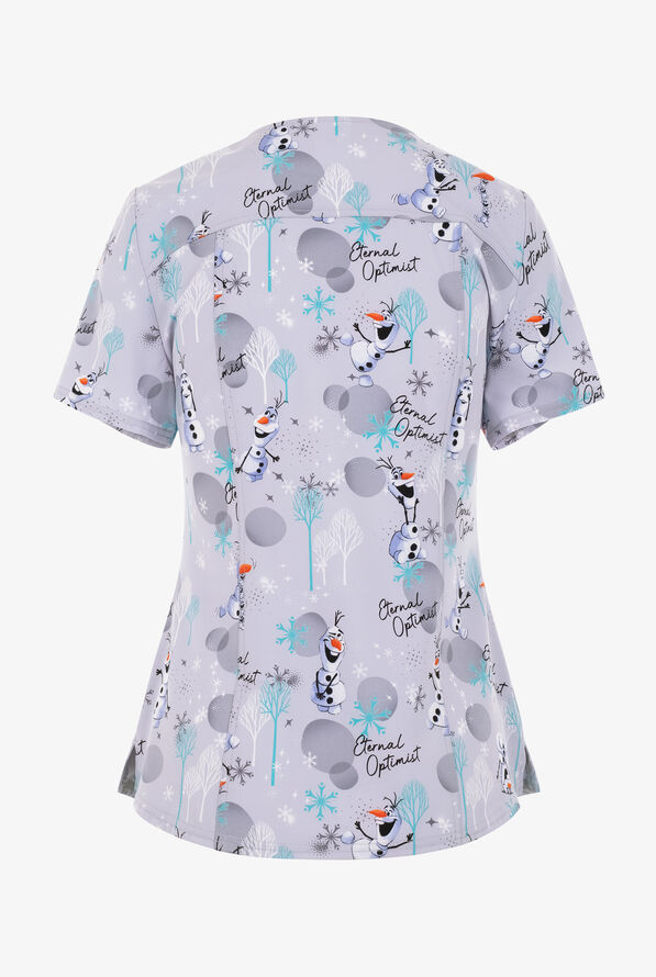 Tooniforms Disney's Frozen Olaf Optimist Women's 2-Pocket STRETCH V-Neck Print Scrub Top - null - 2