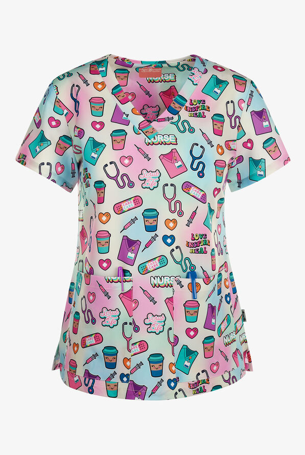 Zavate Ava Therese Scrub Life Women's 2-Pocket STRETCH V-Neck Print Scrub Top - null - 1