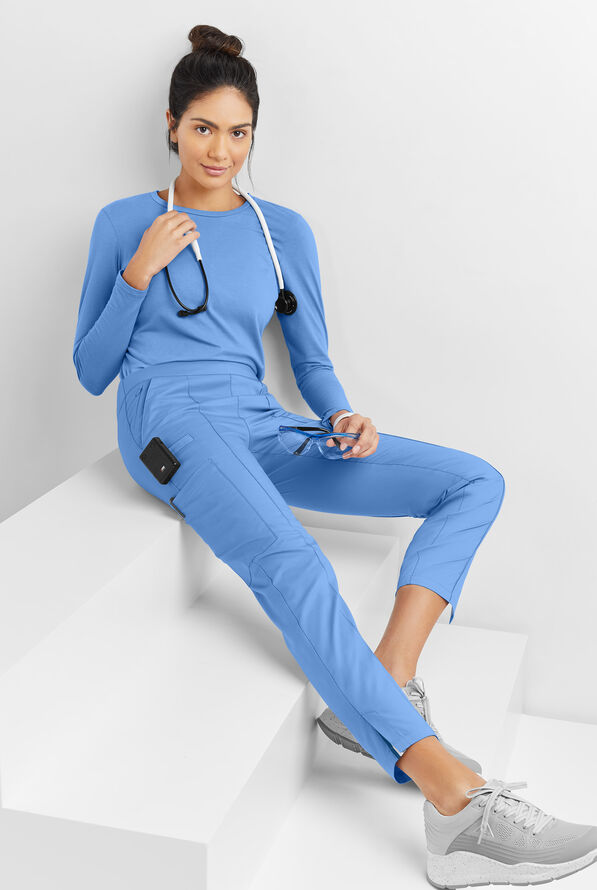 Butter-Soft STRETCH Women's 6-Pocket Pin-Tuck Crop Slim with Sport Trim Detail Scrub Pants - Ceil/Silver Melange - 8