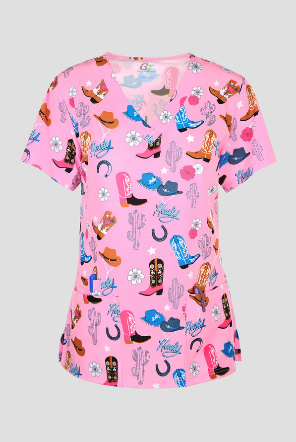 Green Town Gone West Country Women's 3-Pocket STRETCH V-Neck Print Scrub Top - null - 1