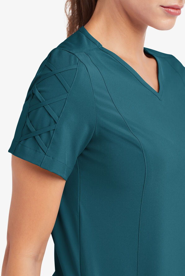 Easy STRETCH Kylie Woman's 5 Pocket V-Neck With Criss-Cross Detail Scrub Top - Caribbean Blue - 6