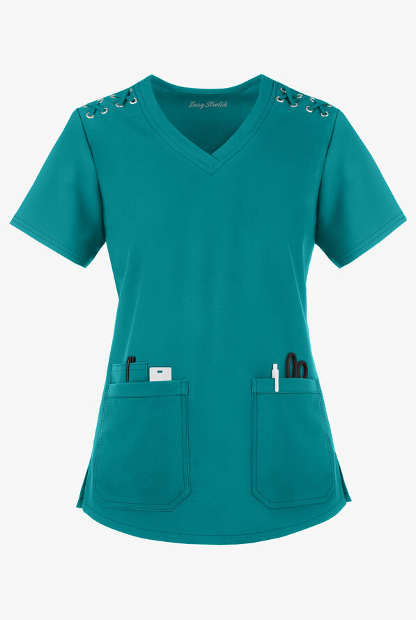 Blusa médica Easy STRETCH Leila con ojales y lazos para mujer - Teal - 1