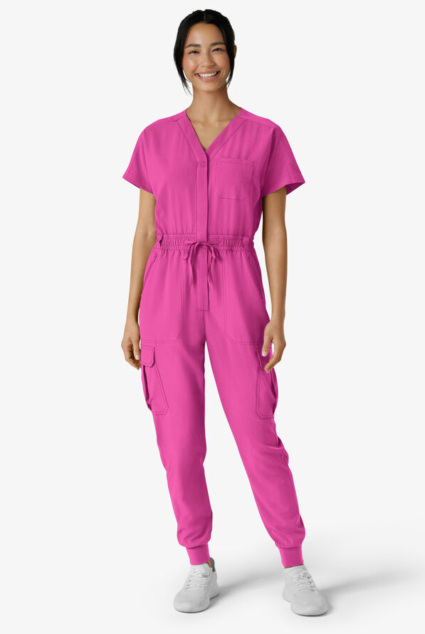 Wink Renew Women's 7-Pocket STRETCH V-Neck Cargo Jogger Jumpsuit - Raspberry - 1