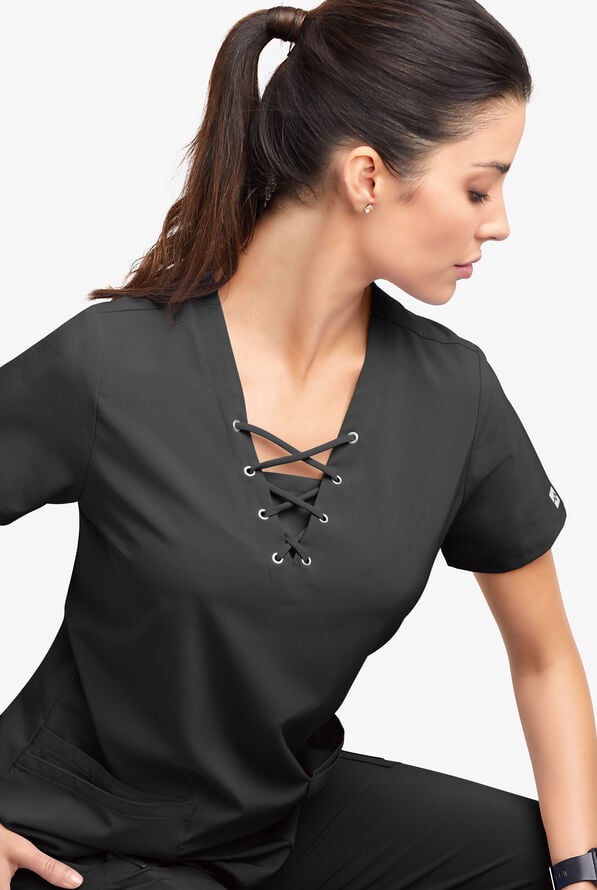 Easy STRETCH Gisele Women's 4-Pocket Lace Up V-Neck Scrub Top - Onyx Black - 5