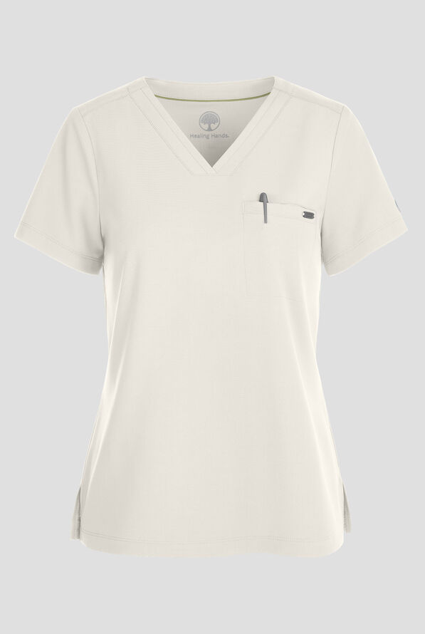 Healing Hands Quest Women's 1-Pocket STRETCH Tuck In V-Neck Scrub Top - White Gardenia - 1