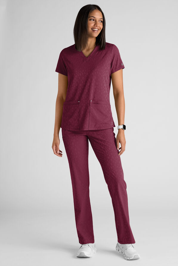Easy STRETCH Lina Women's Jacquard 4-Pocket V-Neck Scrub Top - Wine - 6
