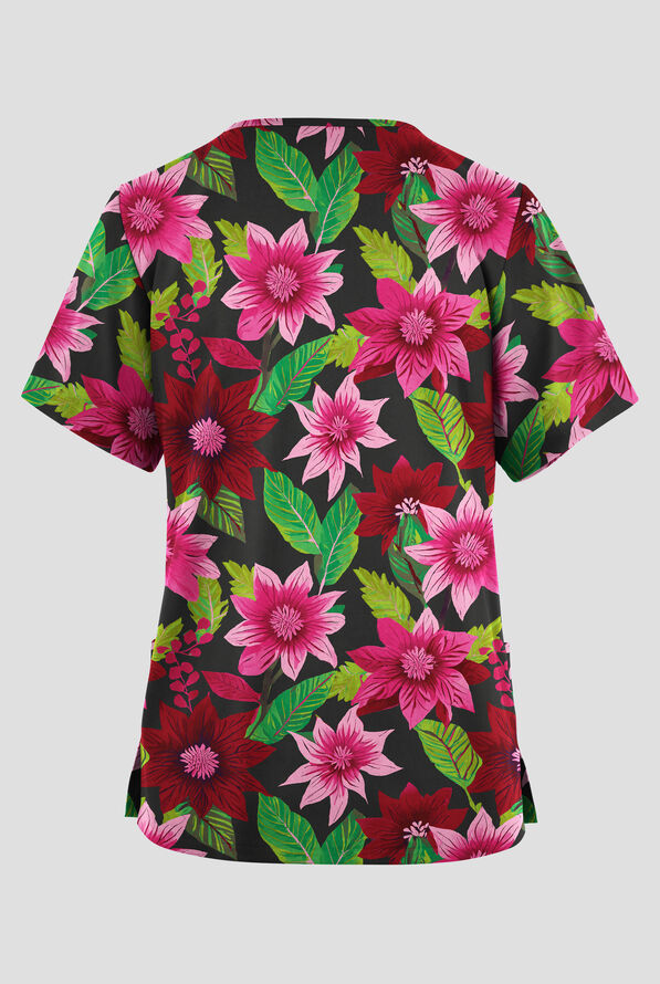 Butter-Soft Originals Pretty Poinsettia Women's 2-Pocket V-Neck Print Scrub Top - null - 2