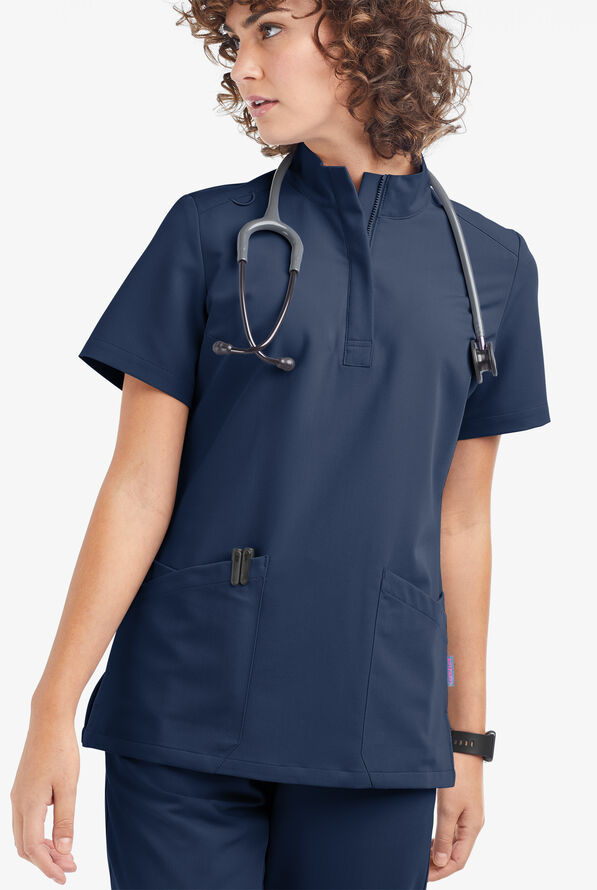 Movement by Butter-Soft Lyrae Women’s 6-Pocket Zip Closure Neck Scrub Top - Navy - 2