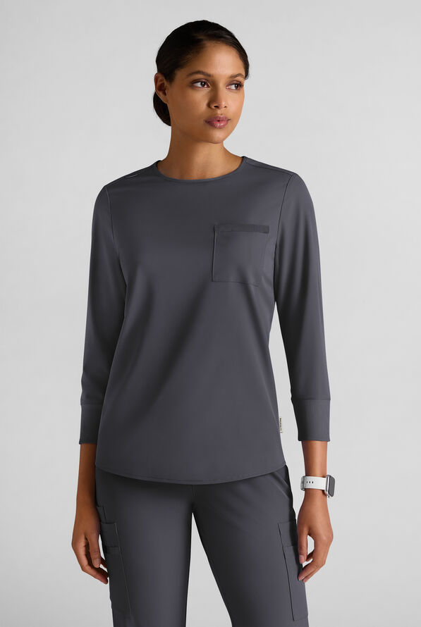 WhisperLite LYRA Women's 2-Pocket STRETCH 3/4" Sleeve Scrub Top - Pewter - 1