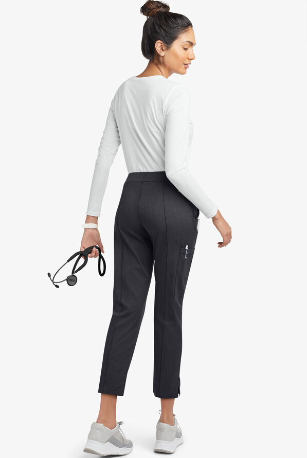 Butter-Soft STRETCH Women's 6-Pocket Pin-Tuck Crop Slim with Sport Trim Detail Scrub Pants - Heather Charcoal/Navy - 4