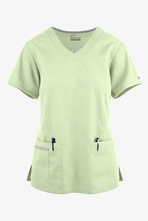 Butter-Soft Originals Women's 3-Pocket Crisscross Contrast V-Neck Scrub Top - Spring Mint/Silver - 1