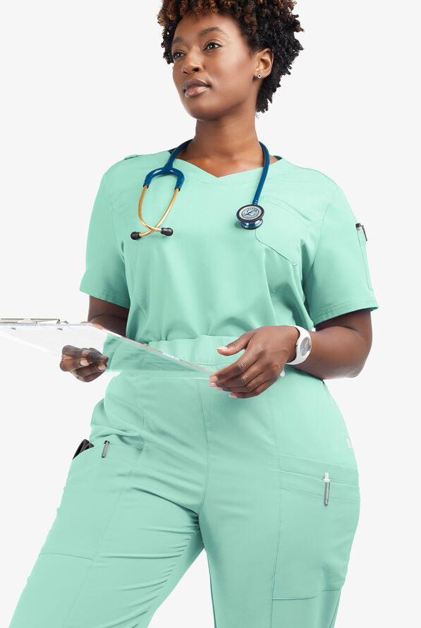 Butter-Soft Women's 3-Pocket V-Neck Tuck-In Scrub Top **Slightly IRREGULAR** - Beachside Blue - 4