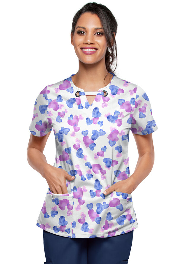Strictly Scrubs STRETCH Forever Love Women's 4-Pocket Grommet Neck Print Scrub Top - null - 1