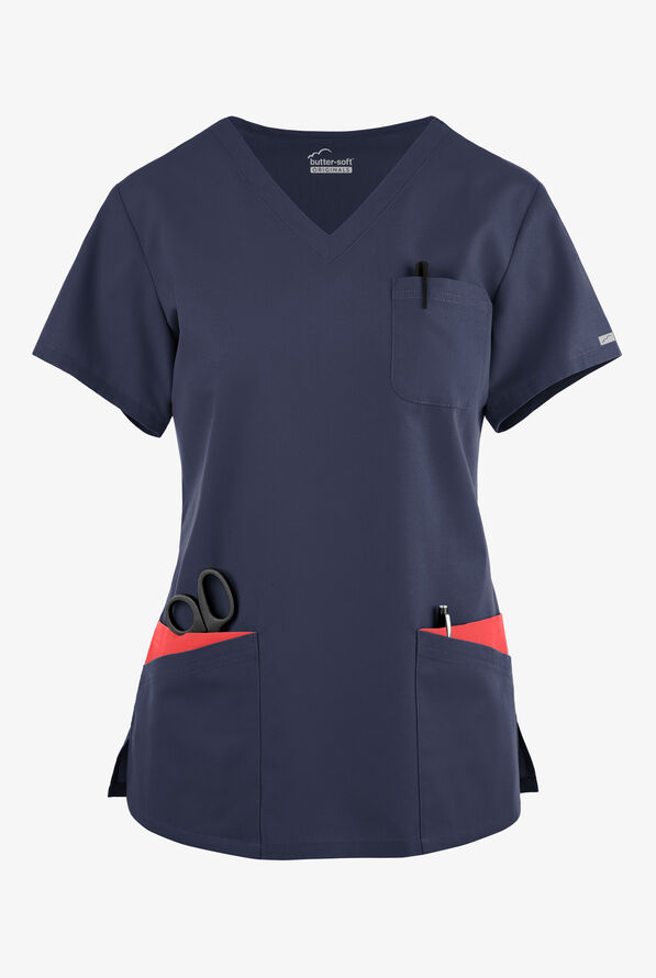 Butter-Soft Originals Women's 7-Pocket Curved V-Neck Scrub Top - Navy/Radiant Red - 1